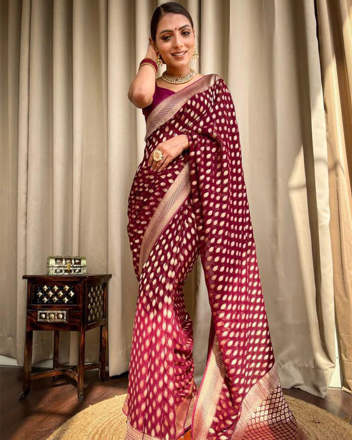 Beautiful Maroon Color Banarasi Jacquard Weaving Saree