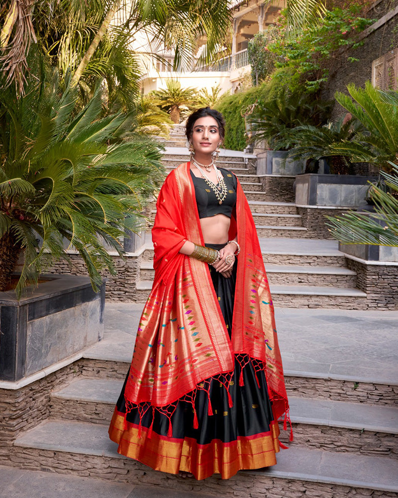 Black Color Jacquard Silk Zari Weaving Work Lehenga Choli