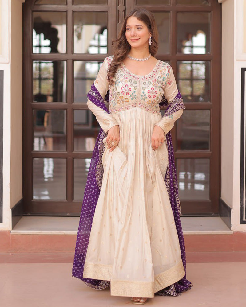 Off-White Color Jacquard Gown With Purple Dupatta