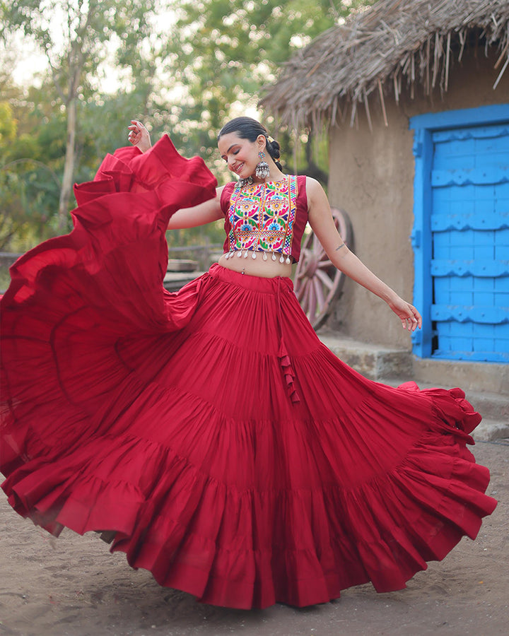 Maroon Color Rayon Embroidered Navratri Lehenga Choli