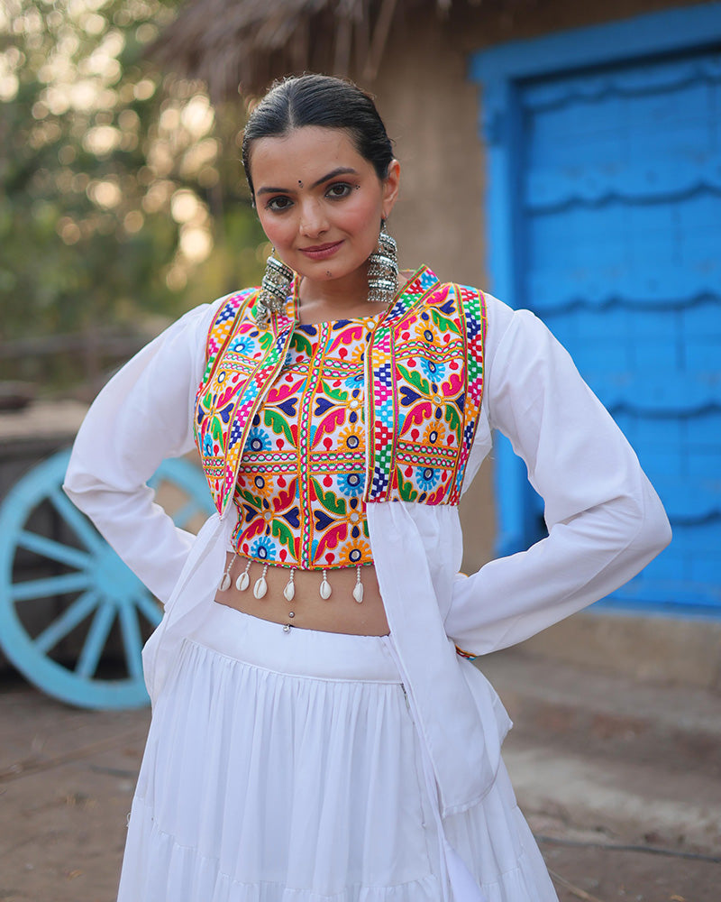 White Color Rayon Embroidered Navratri Lehenga Choli