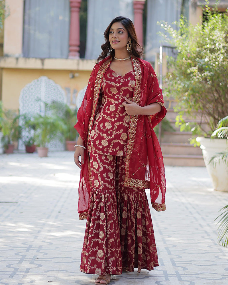 Maroon Color Georgette Jacquard Gharara Suit