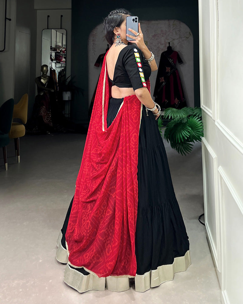 Black Color Rayon Ruffle Style Navratri Lehenga Choli