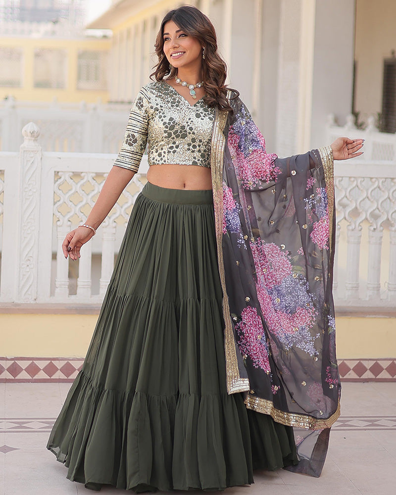 Mehndi Color Faux Georgette Frill Style Lehenga Choli