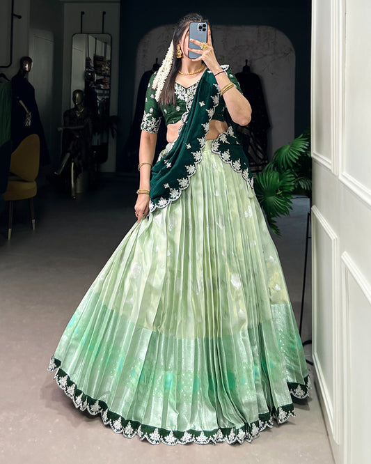 Pista Color Zari Kota Embroidered Half Saree