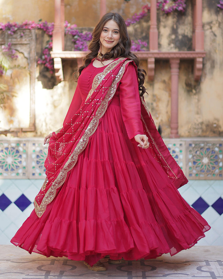 Rani Pink Color Star Georgette Gown With Embroidered Dupatta