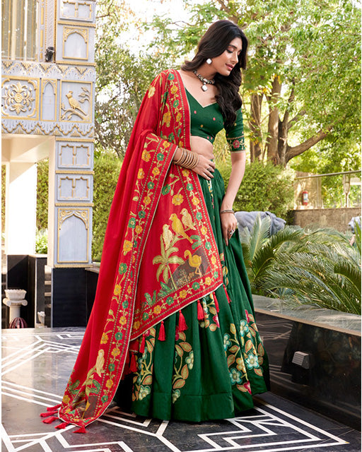 Green Color Tussar Silk Printed With Foil Work Lehenga Choli