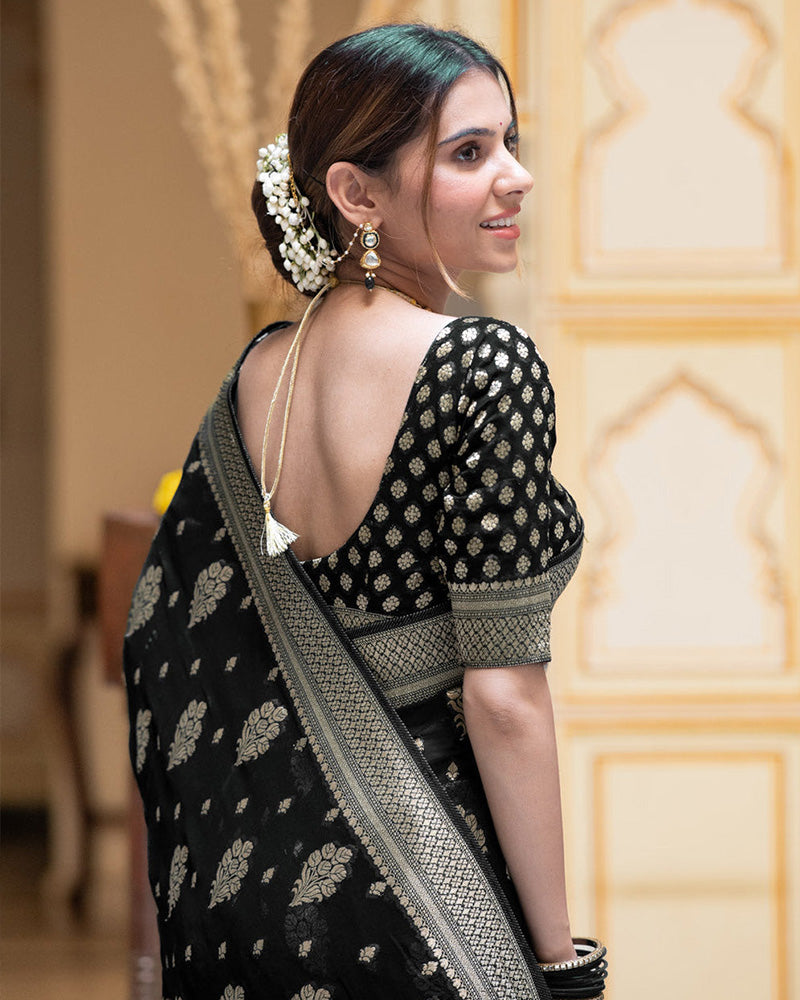 Black Color Banarasi All Over Jacquard Soft Silk Saree
