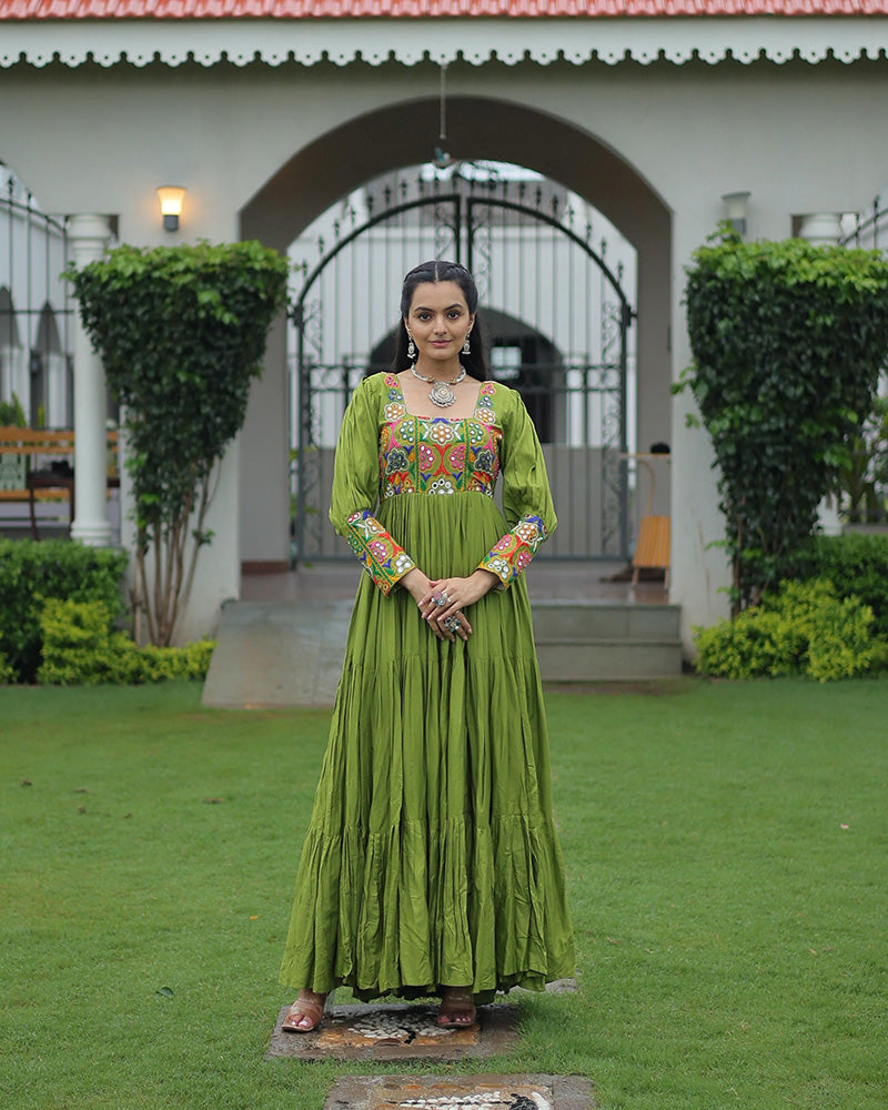 Parrot Green Color Rayon Navratri Gown
