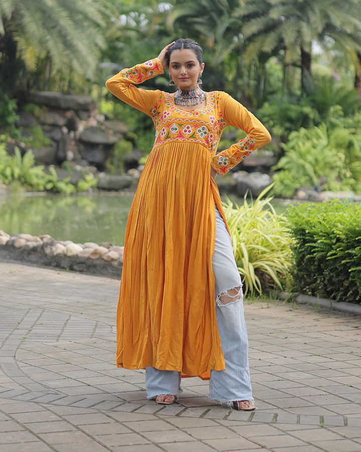 Mustard Color Rayon Gamthi Work Navratri Kurti