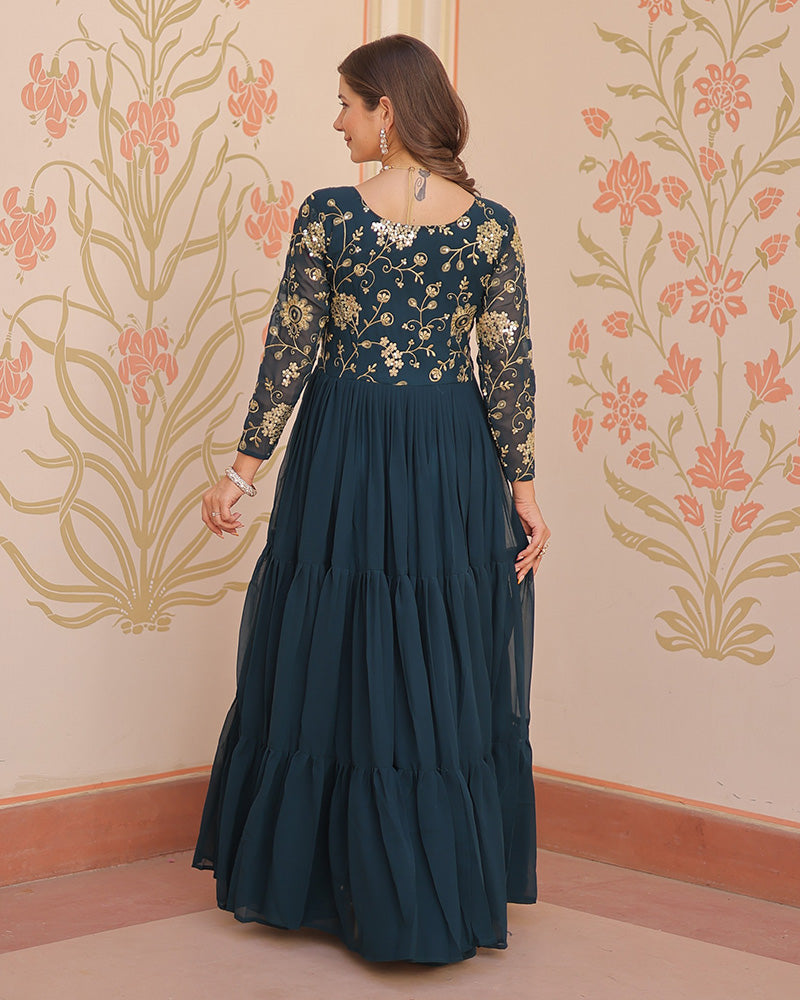 Elegant Rama Floor-Length Gown With Golden Threadwork