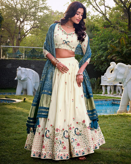 Peacock Shape Off-White Color Cotton Lehenga Choli