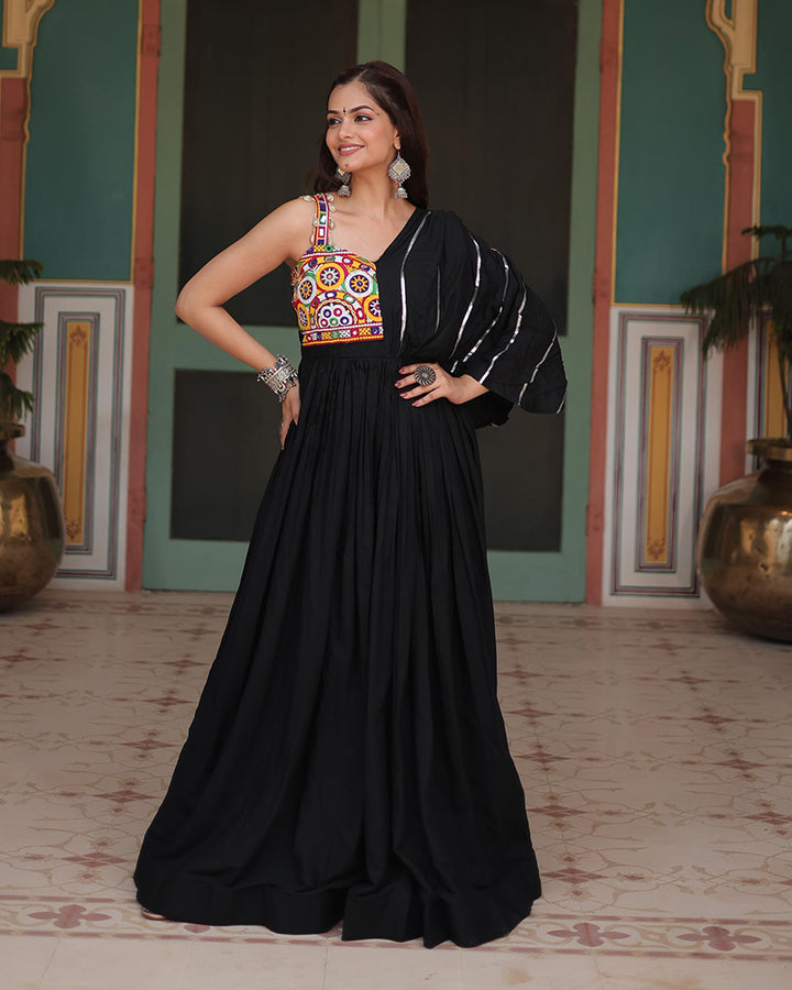 Black Color Reyon Gamthi Work Navratri Gown