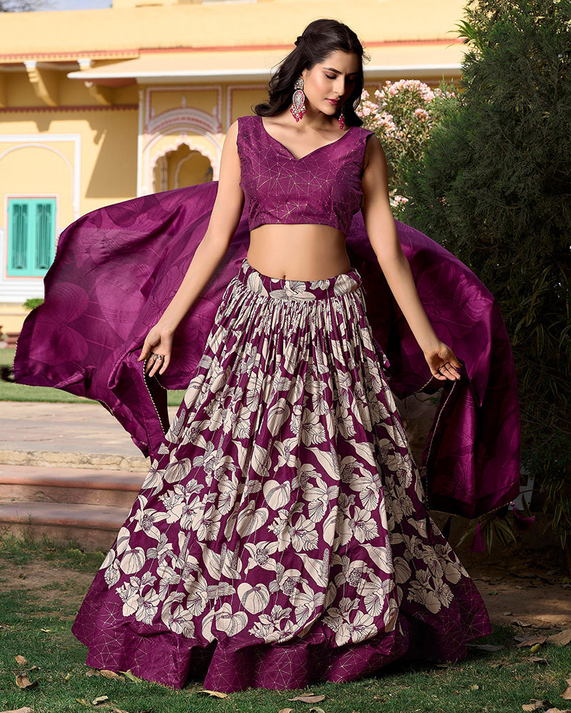 Wine Color Tussar Silk Floral And Foil Printed Navratri Lehenga Choli