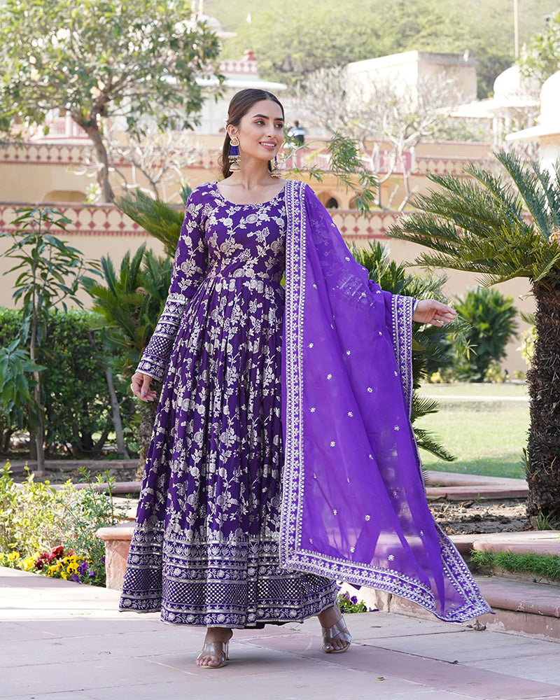 Designer Purple Color Sequence embroidered Viscose Jacquard Gown With Dupatta