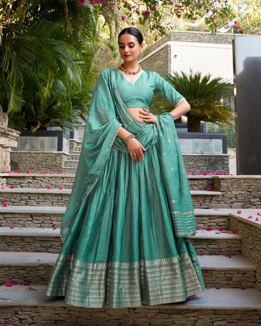 Sea Green Color Pure Chanderi Plain Navratri Half Saree