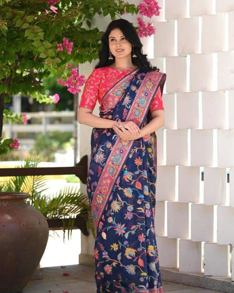 Navy Blue Colour Banarsi Soft Silk Saree