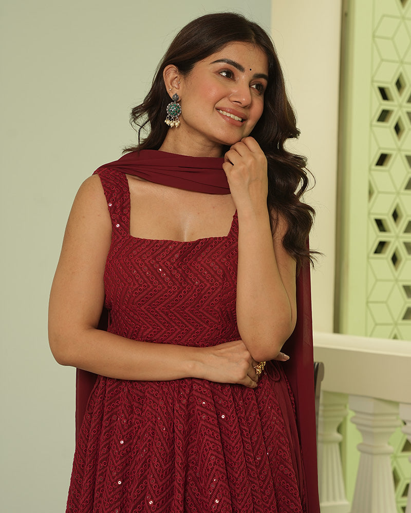 Maroon Color Georgette Lucknowi Three Piece Kurti Suit