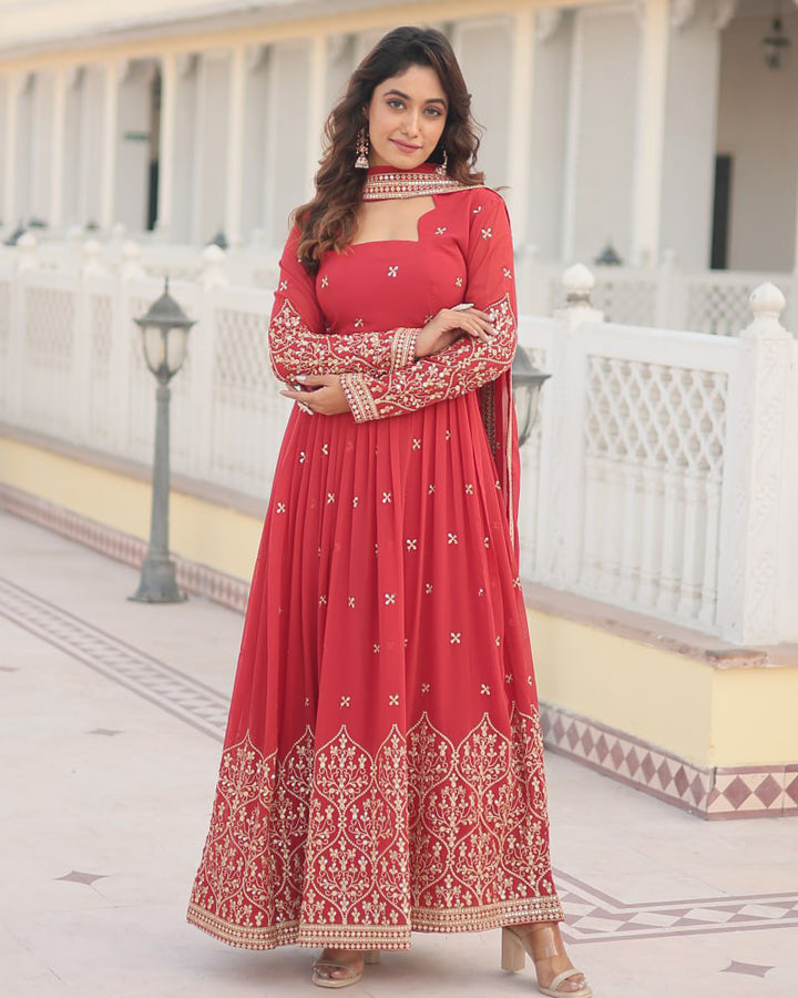 Faux Georgette Red Color Anarkali Gown With Sequence Embroidery Dupatta