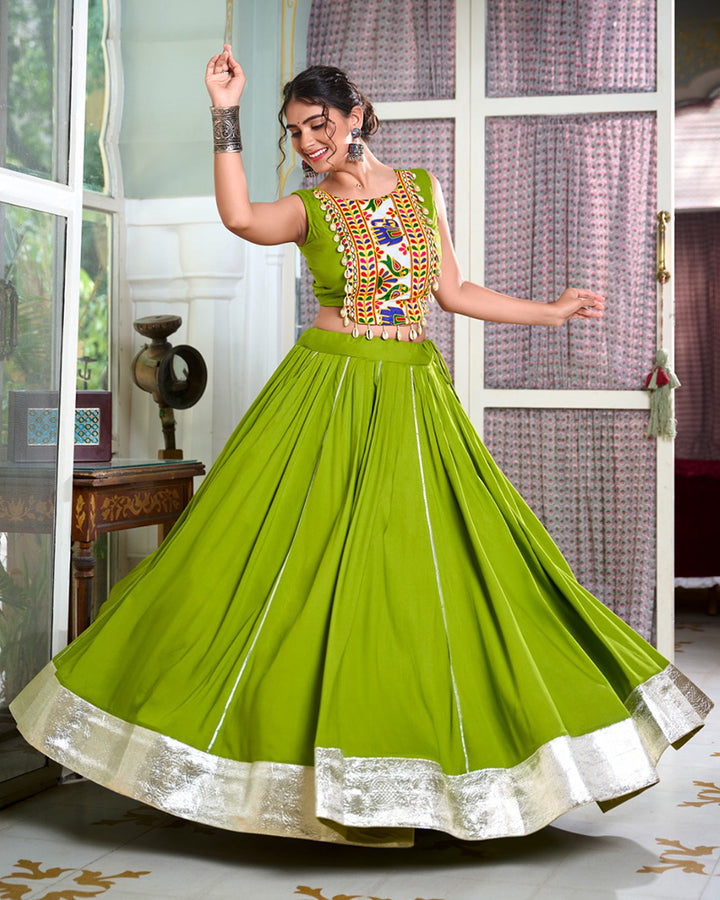 Parrot Color Rayon Navratri Cowrie Touch Up Lehenga Choli