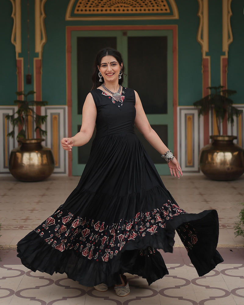 Black Color Reyon Printed Navratri Gown