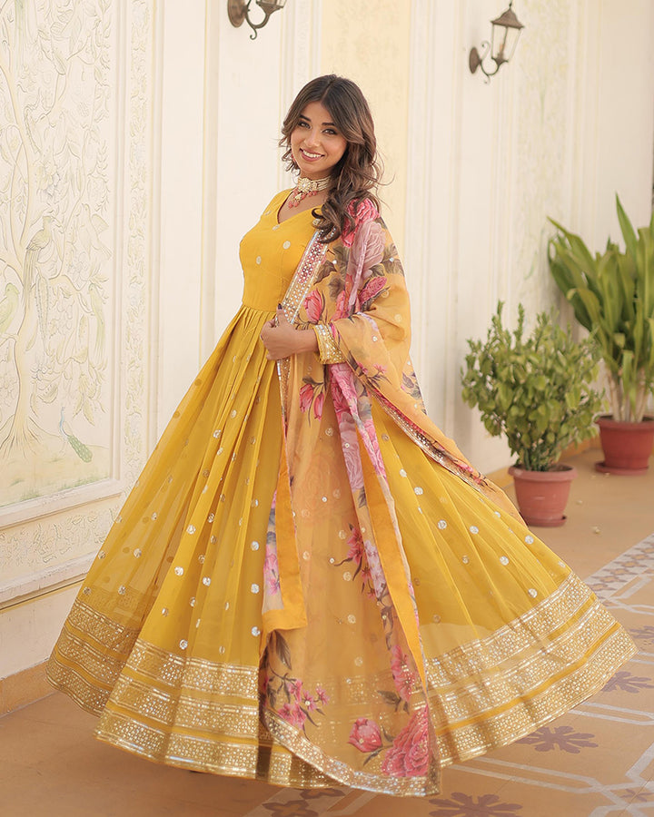 Faux Georgette Yellow Color Anarkali Gown With Tebby Silk Dupatta