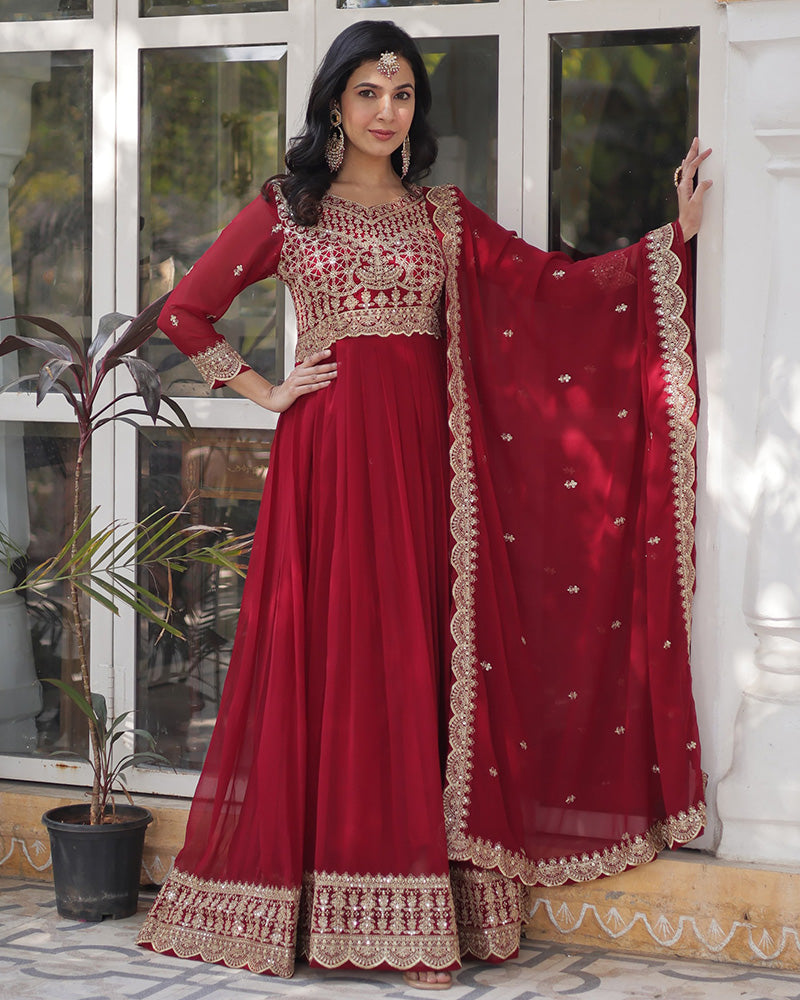 Ruby Red Color Faux Blooming Embroidered Gown