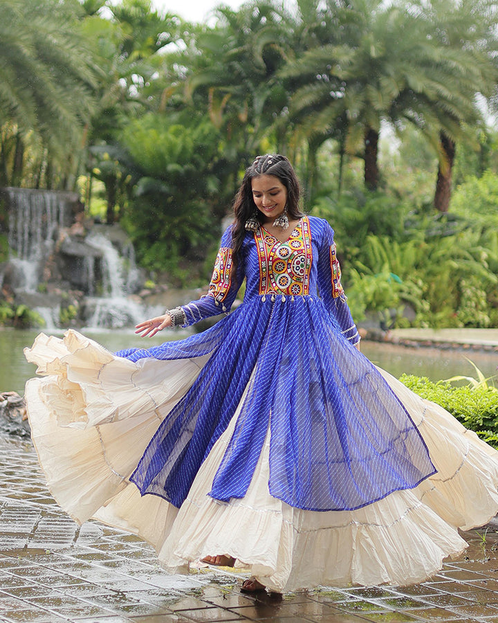 White Color Kora Cotton Lehenga With Blue Kurti