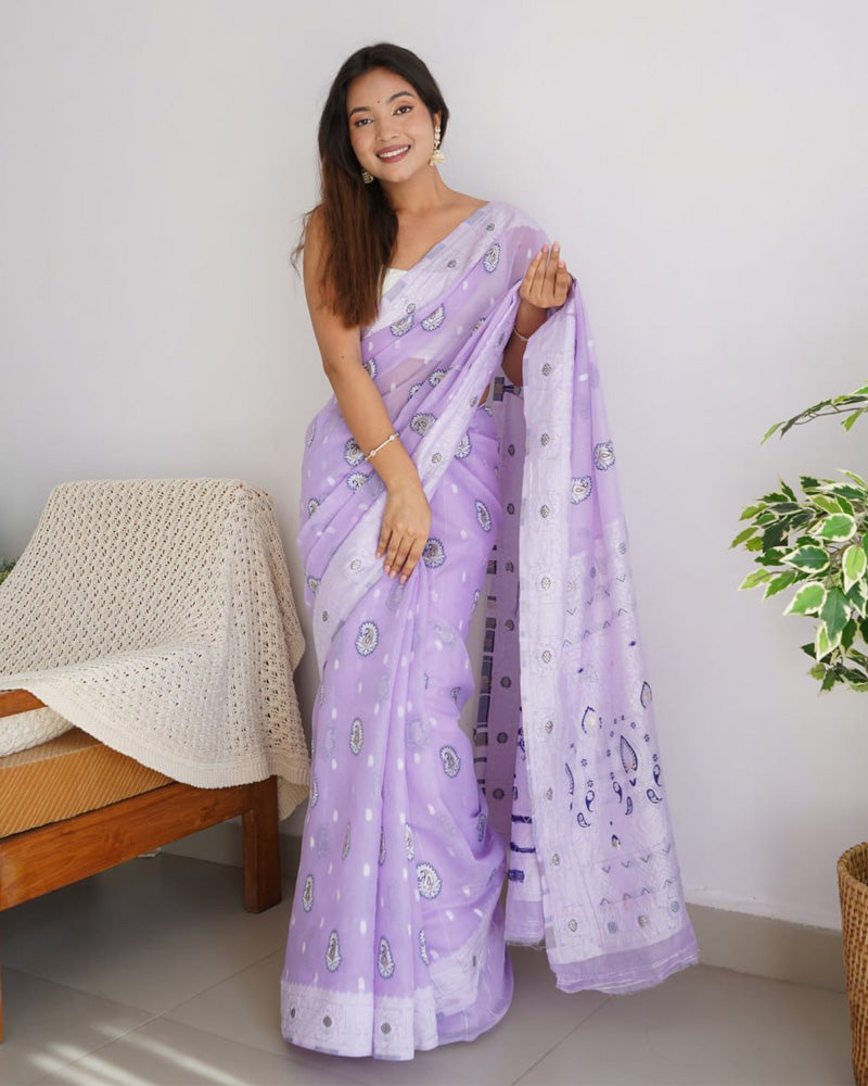Beautiful Lavender Color Soft Cotton Saree