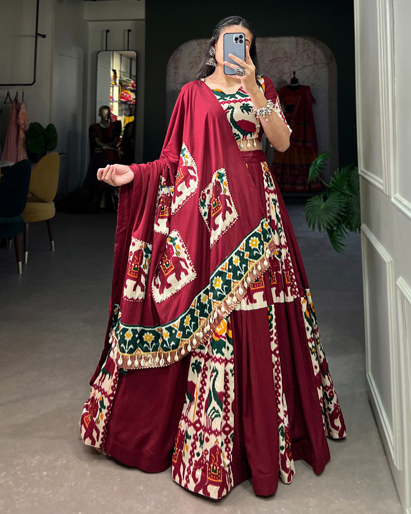 Maroon Color Rayon Silk Printed Fully Stitched Navratri Lehenga Choli