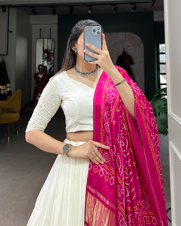 Off White Color Lucknowi Work Lehenga Choli With Different Dupatta