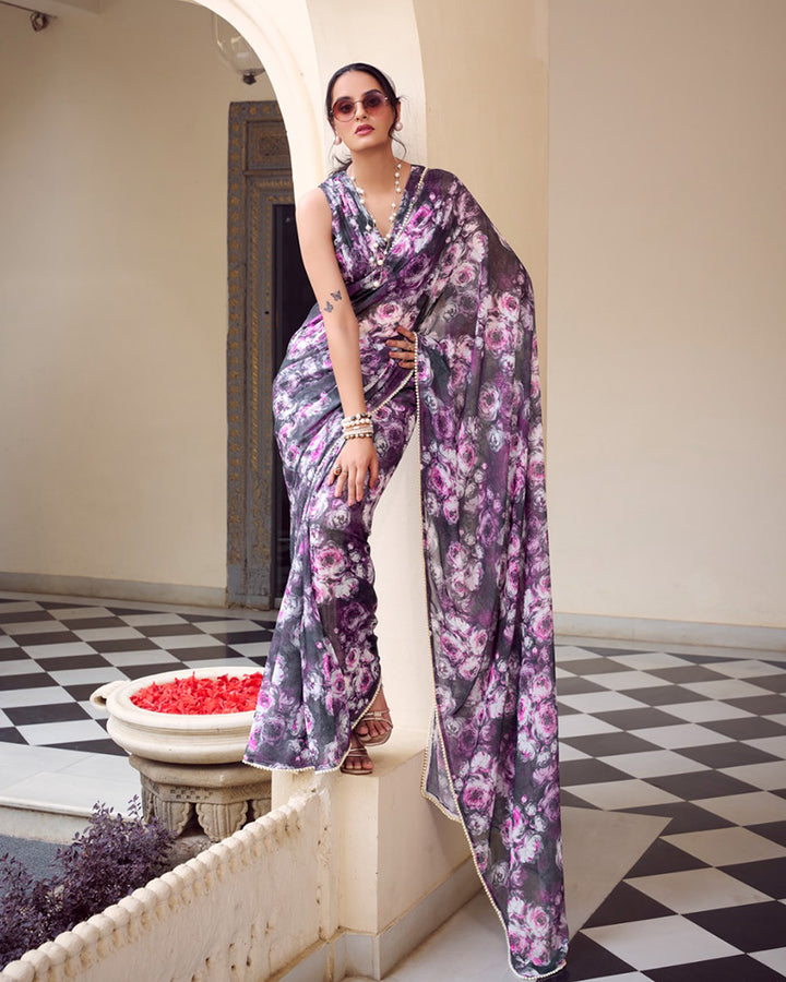 Gray Color Weightless Marble Printed Saree