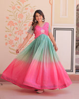 Pink Color Gold Crush Embroidered work Gown