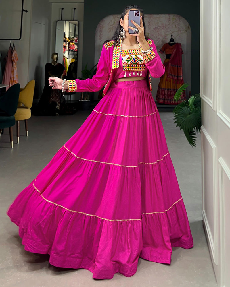 Pink Color Pure Rayon Gamthi Navratri Lehenga Choli