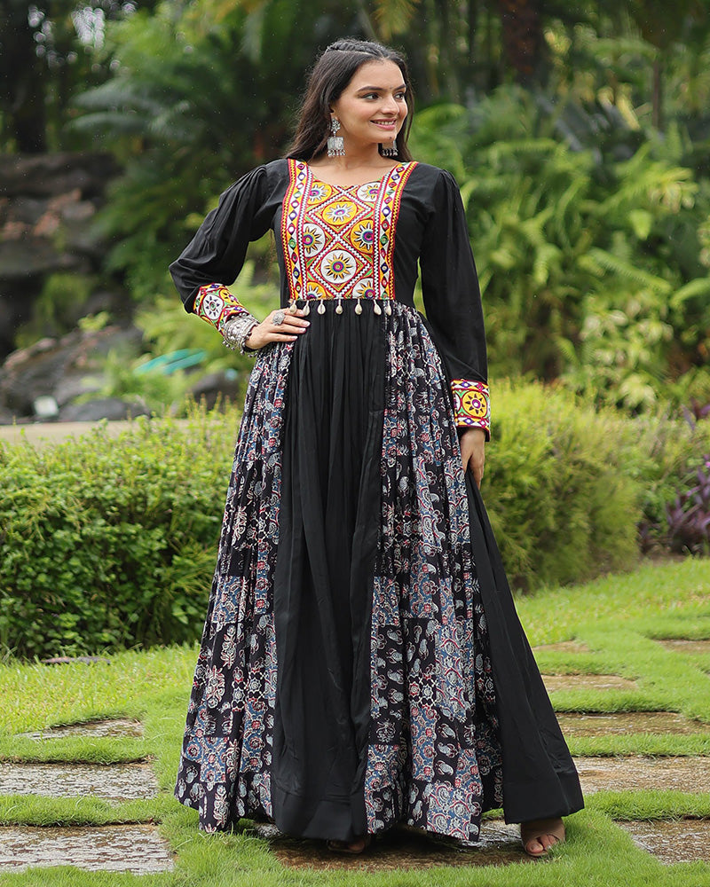 Black Color Rayon Gamthi Work Navratri Gown