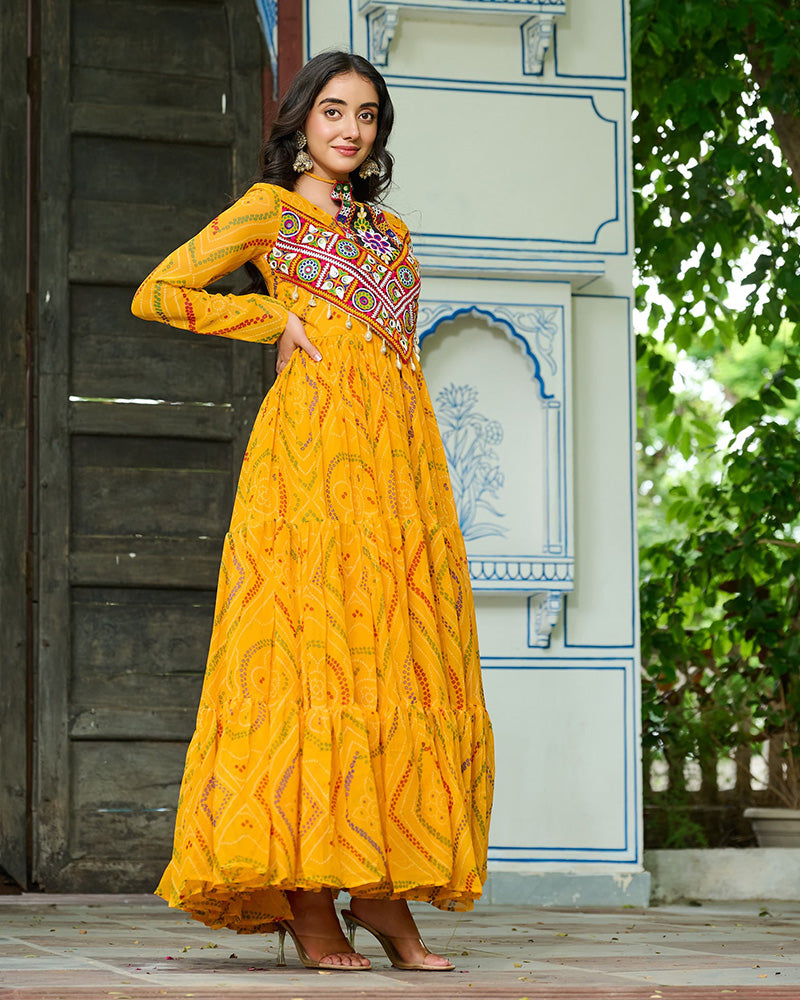 Festive Mustard Ethnic Gown With Colorful Mirror Work