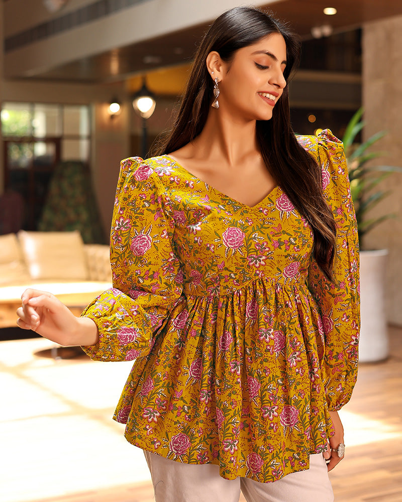 Mustard Color Pure Cotton Floral Printed Tunic