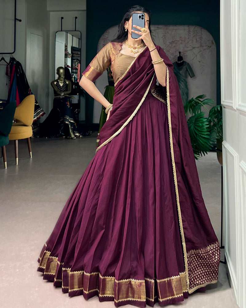 Wine Color Pure Chanderi Zari Weaving Lehenga Choli