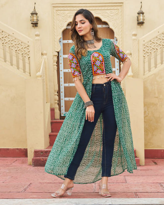 Green Color Georgette Bandhani Print Navratri Kurti