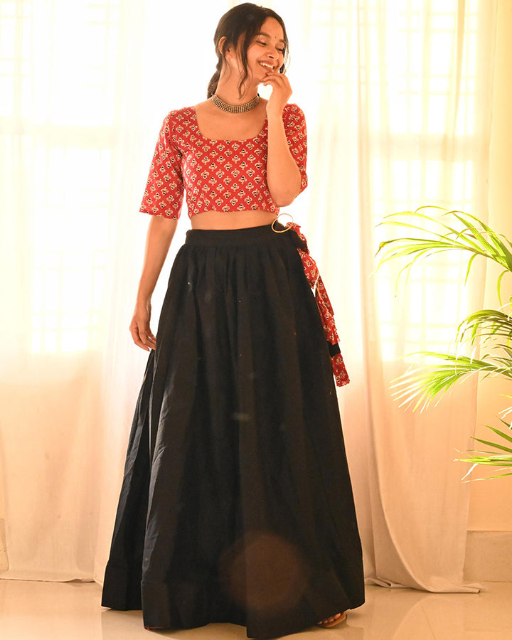 Designer Red And Black Color Cotton Crop Top Lehenga Choli