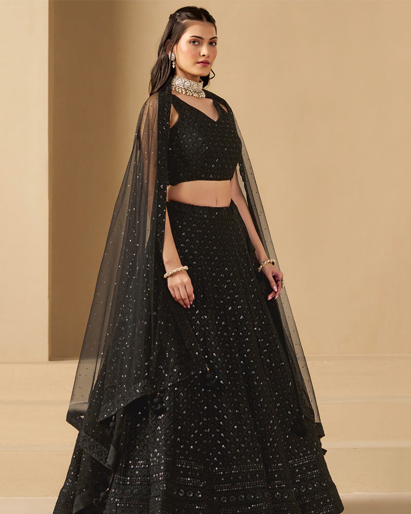 Black Color Georgette Embroidered Lehenga Choli With Dupatta