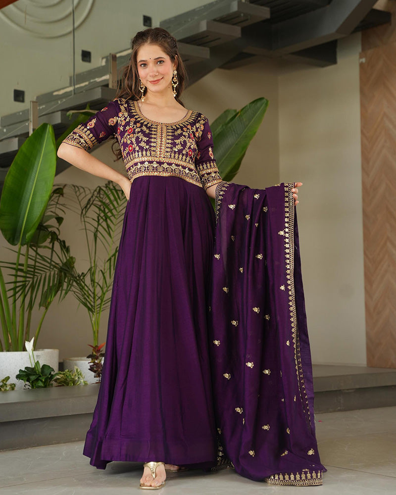 Wine Color Vichitra Silk Embroidered Gown