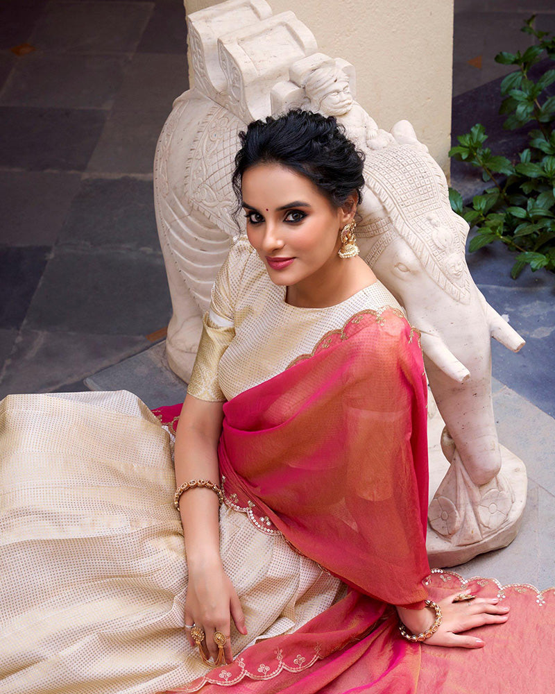 Off-White Color Jacquard Chex Half Saree