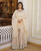 Off-White Color Viscose Jacquard Three Piece Gharara Suit