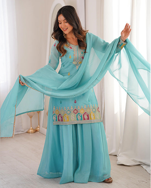 Sky Blue Color Pure Soft Crunchy Silk Sharara Suit