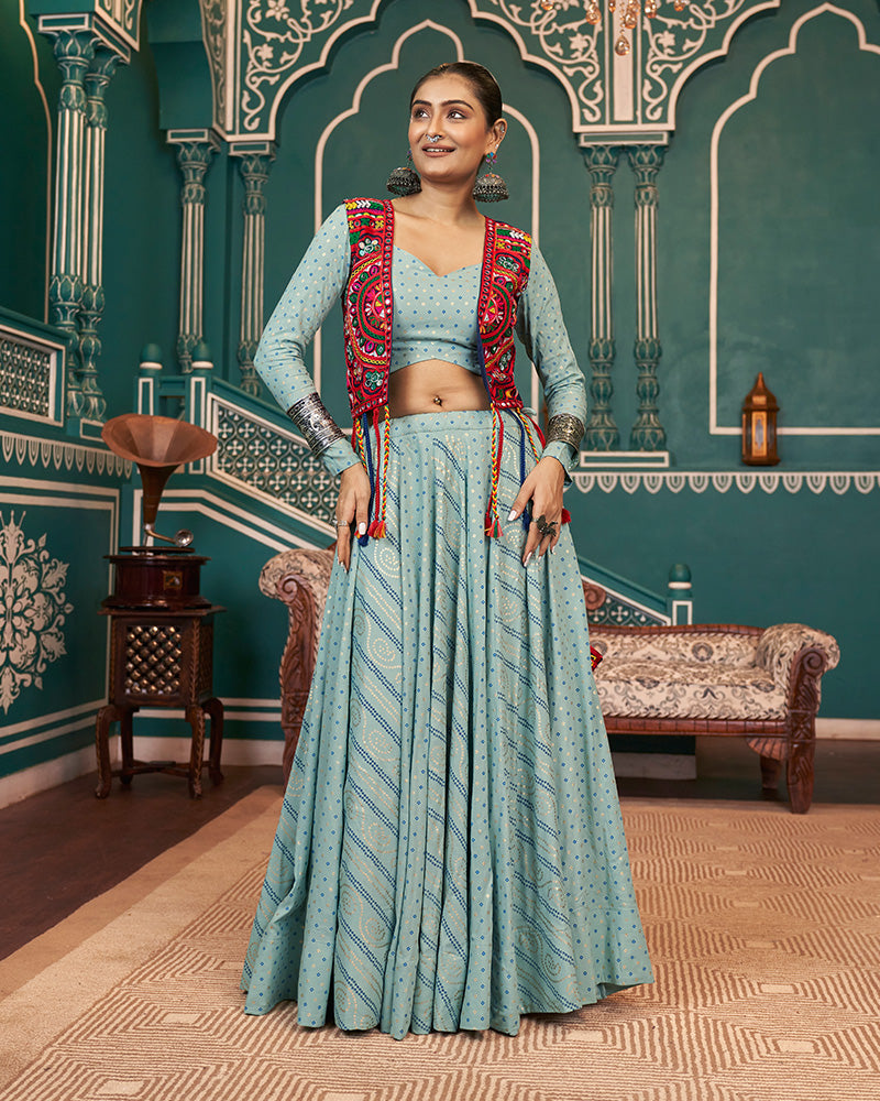 Pista Green Color Viscose Rayon Navratri Lehenga Choli