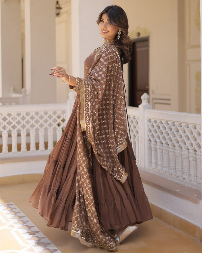 Coffee Color Faux Georgette Designer Anarkali Gown With Dupatta