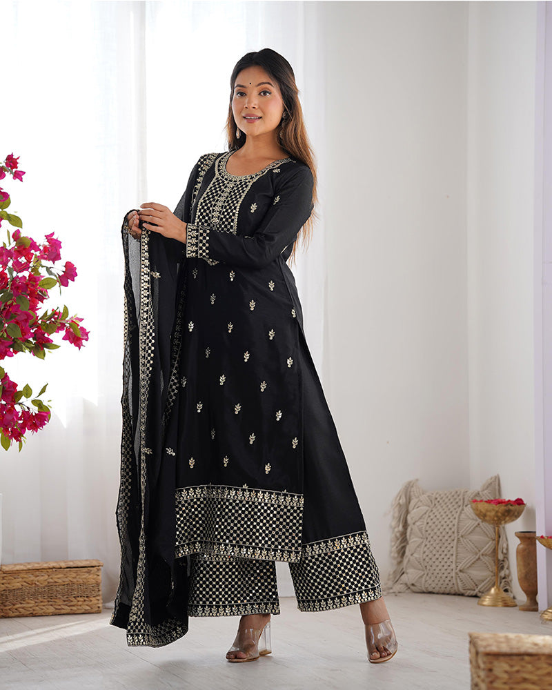 Black Color Chinon Silk Three Piece Kurti Suit