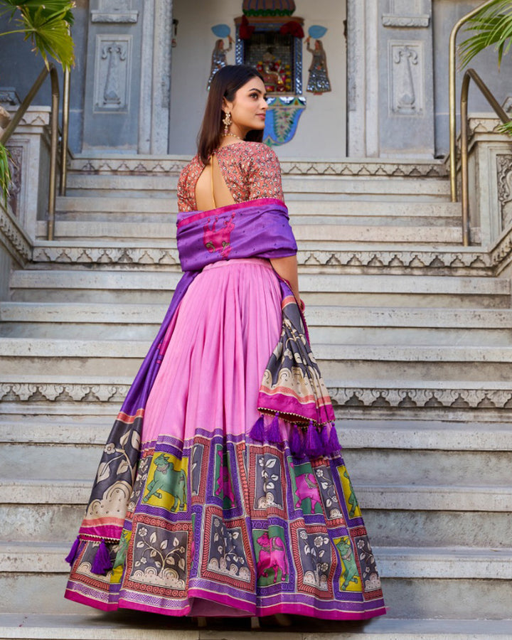 Peach Color Tussar Silk Kalamkari Printed Lehenga Choli