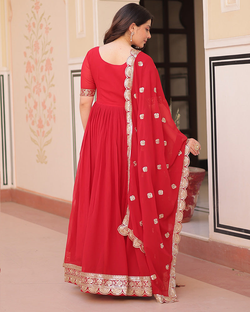 Designer Red Anarkali Gown With Golden Embroidery